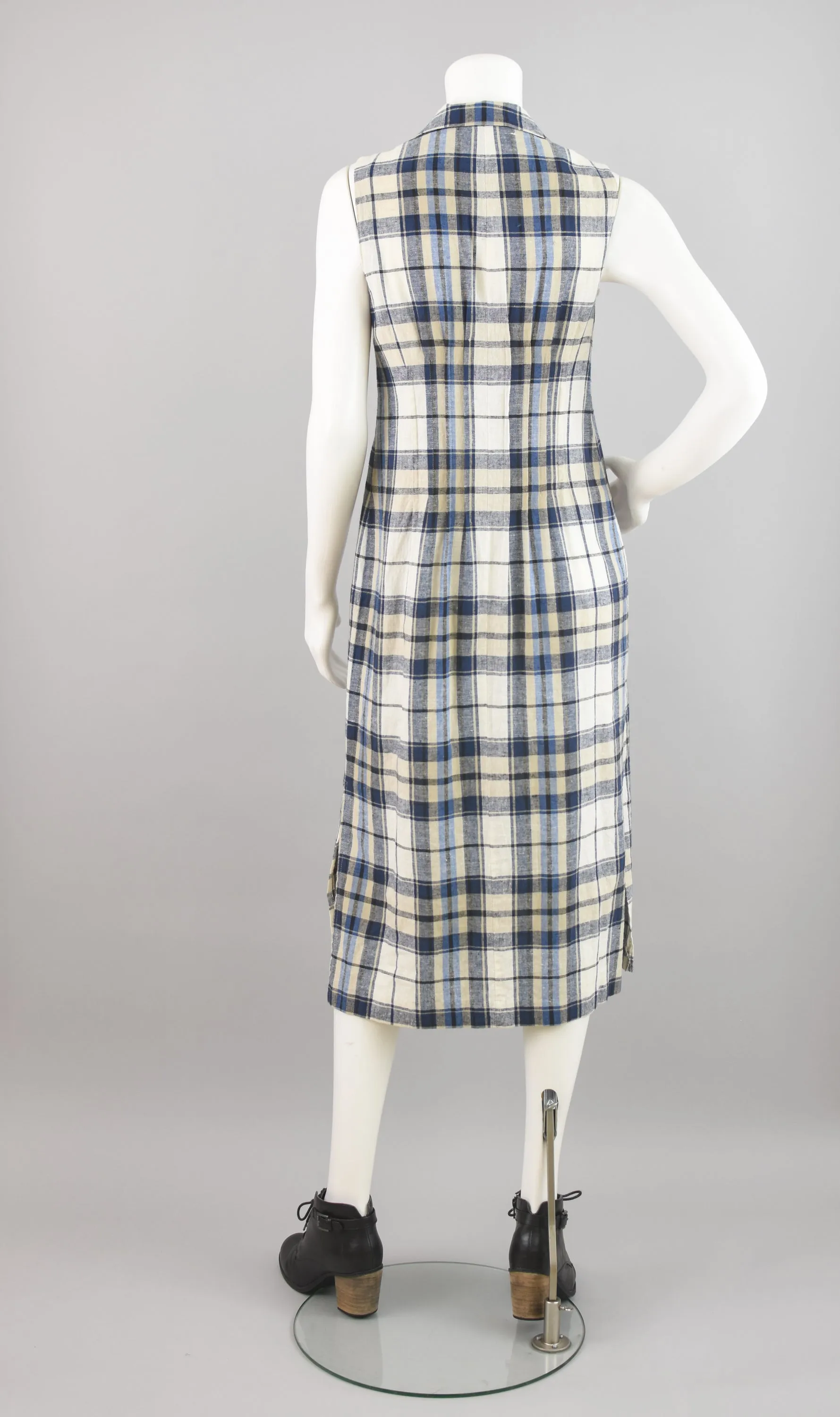 90s Linen Plaid Button Down Sleeveless Dress, Women's Petite Size 6