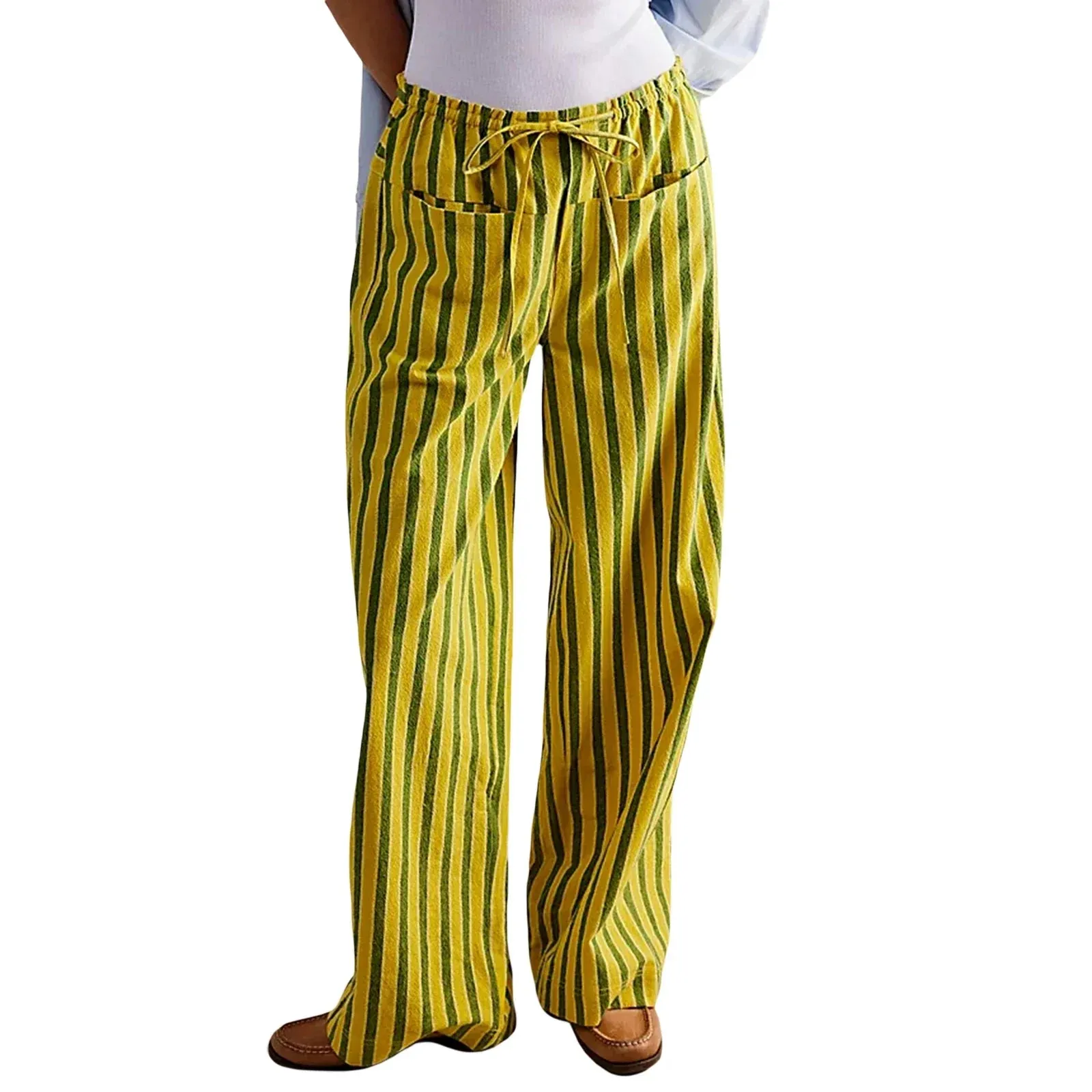 Baggy Drawstring Waist Wide Leg Striped Floor Length Trousers with Pockets Casual Pants