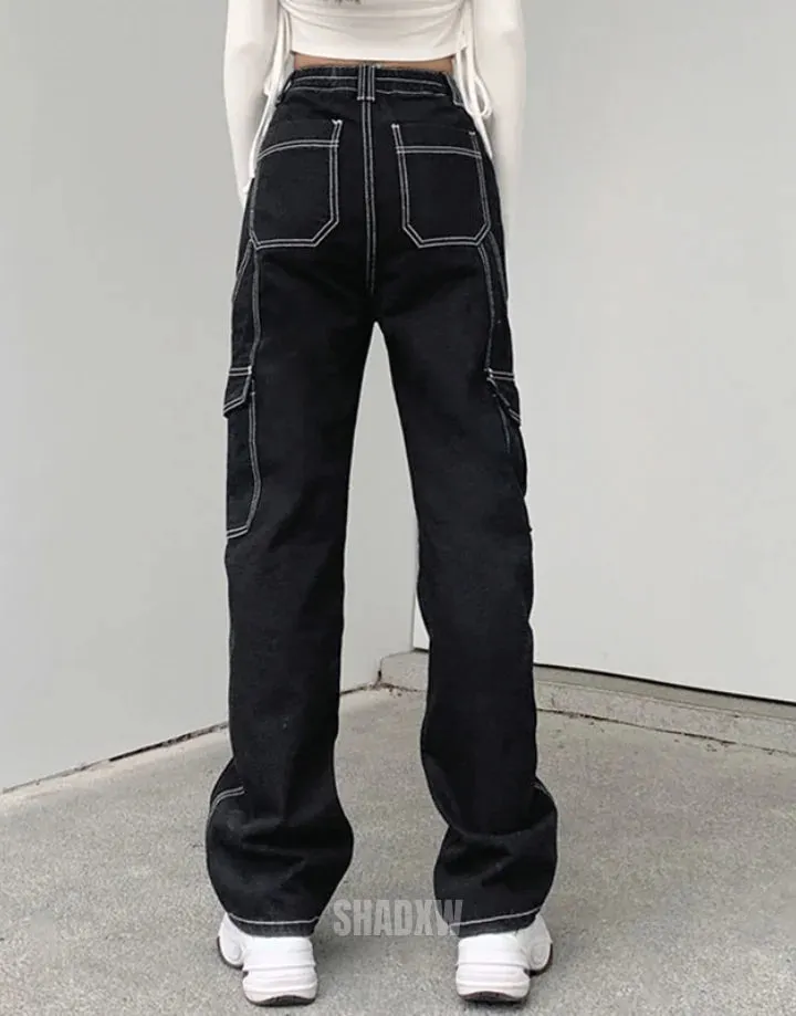 Black Cargo Pants with White Stitching
