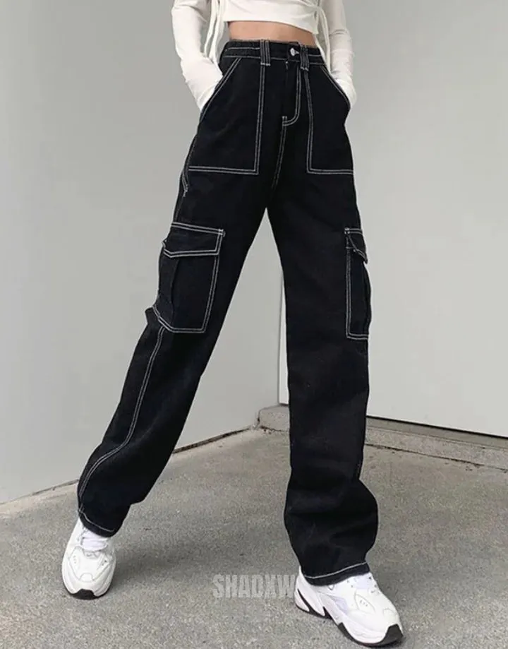 Black Cargo Pants with White Stitching