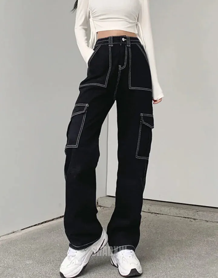 Black Cargo Pants with White Stitching
