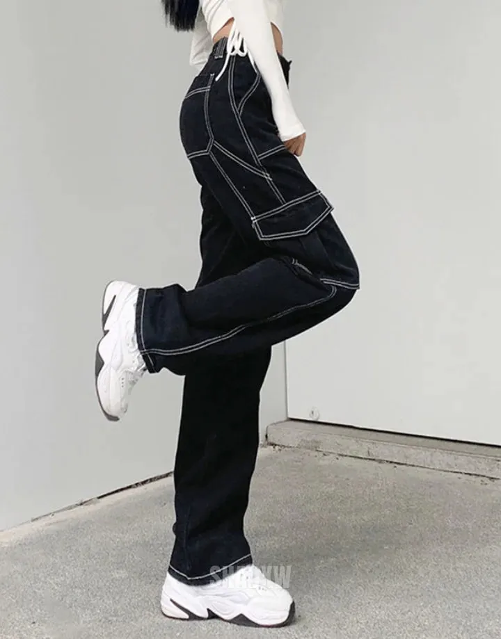 Black Cargo Pants with White Stitching