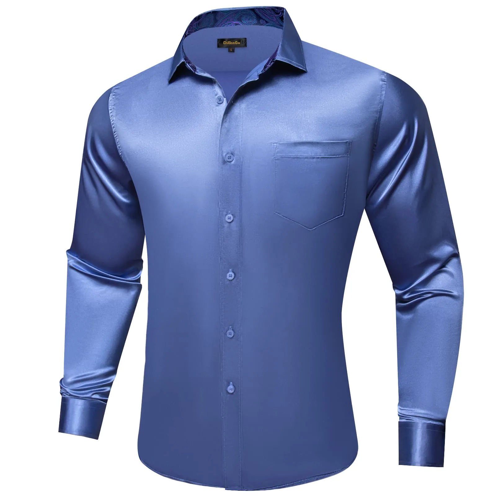 DiBanGu Tuxedo Shirt UCLA Blue Solid Satin Silk Button Up Long Sleeve Men's Shirt