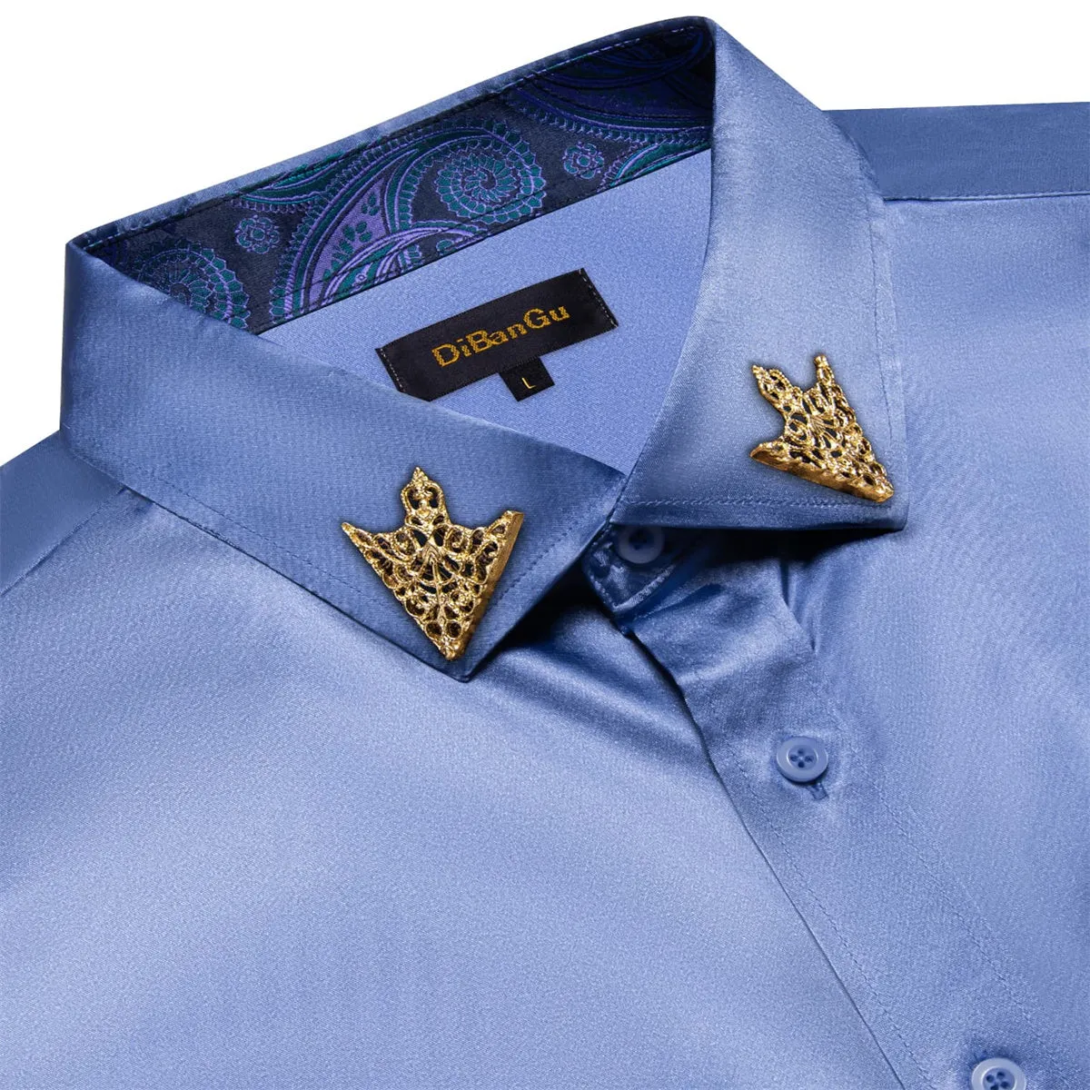 DiBanGu Tuxedo Shirt UCLA Blue Solid Satin Silk Button Up Long Sleeve Men's Shirt
