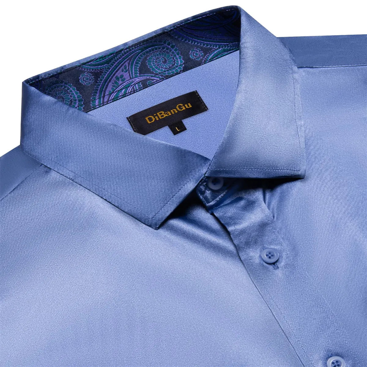DiBanGu Tuxedo Shirt UCLA Blue Solid Satin Silk Button Up Long Sleeve Men's Shirt