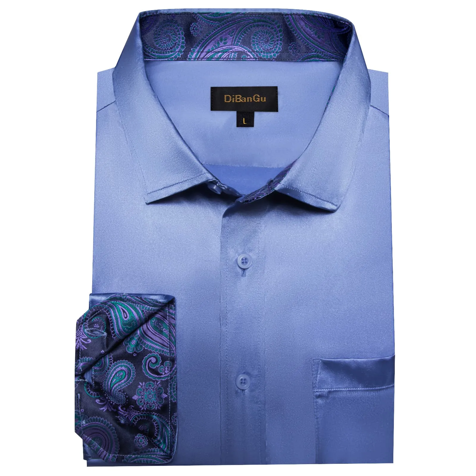 DiBanGu Tuxedo Shirt UCLA Blue Solid Satin Silk Button Up Long Sleeve Men's Shirt