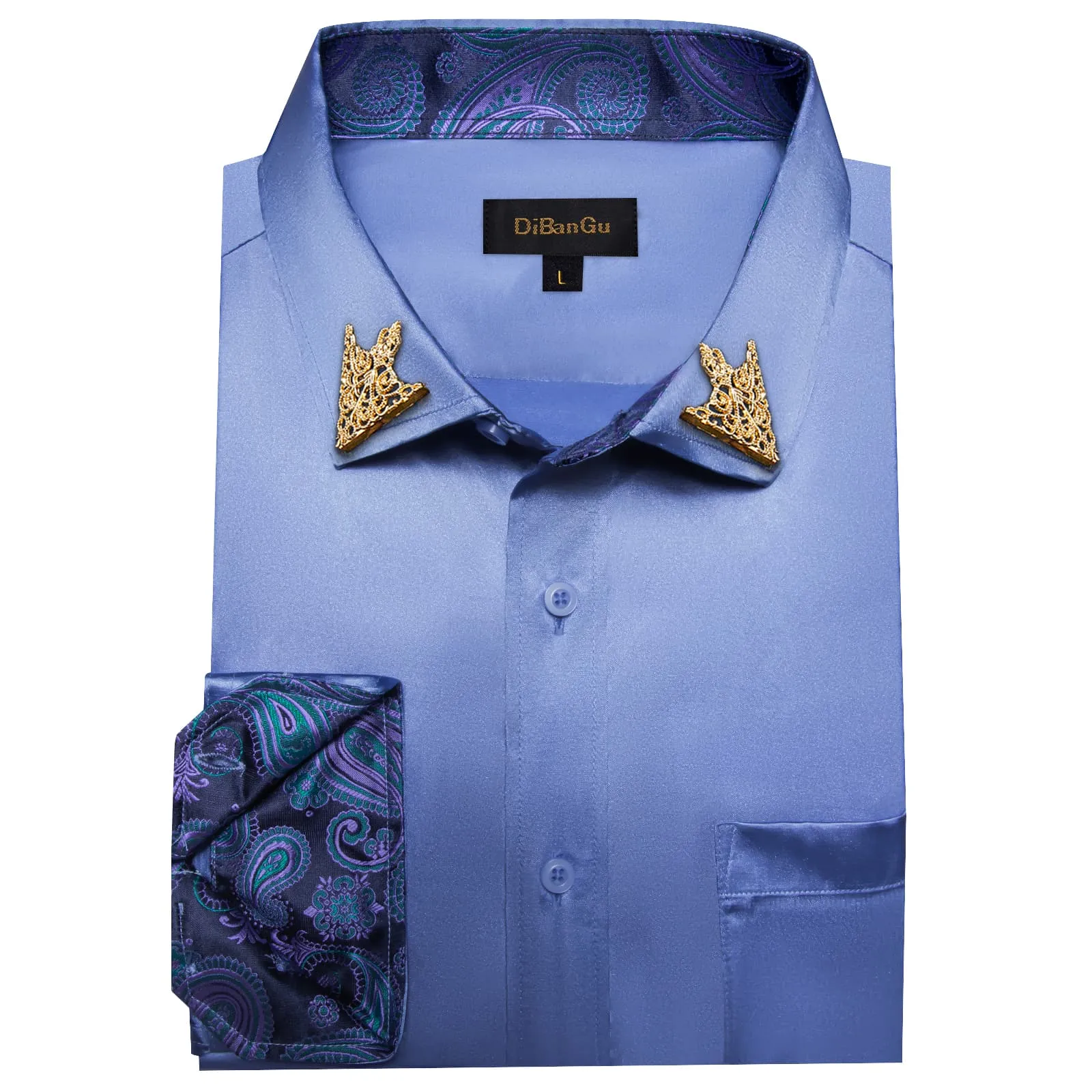 DiBanGu Tuxedo Shirt UCLA Blue Solid Satin Silk Button Up Long Sleeve Men's Shirt