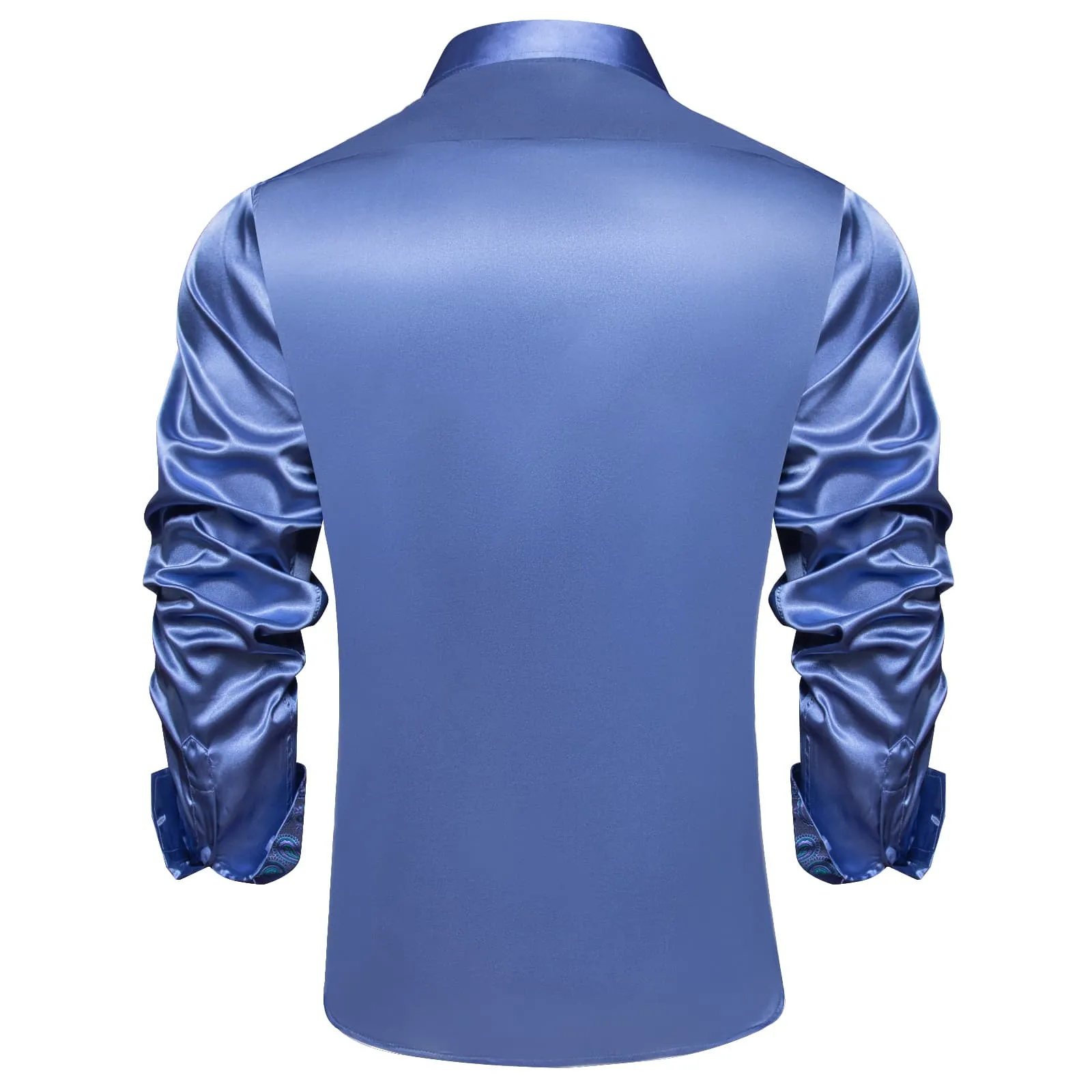 DiBanGu Tuxedo Shirt UCLA Blue Solid Satin Silk Button Up Long Sleeve Men's Shirt