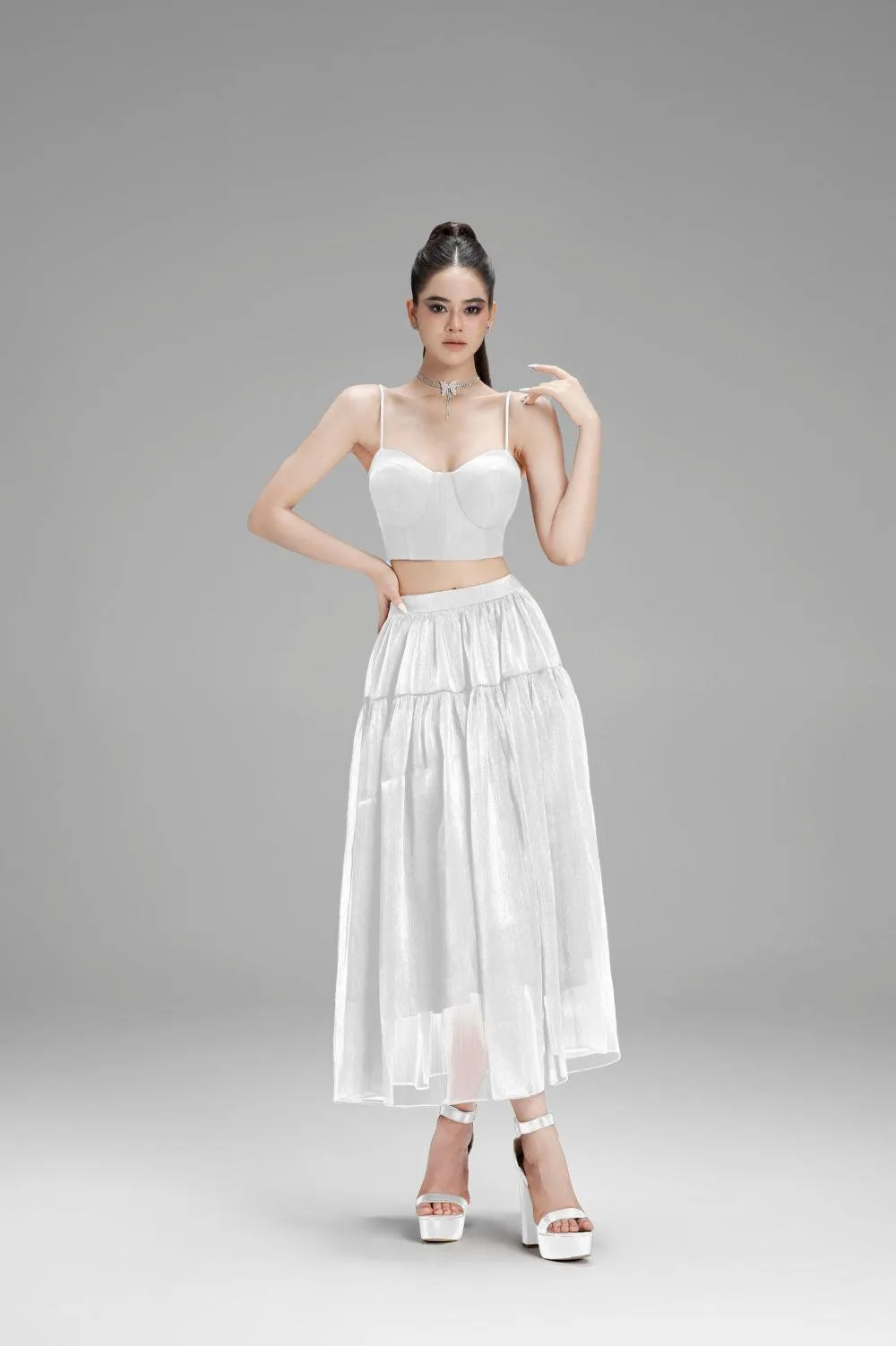 Hannah Gathered High Waist Mesh Midi Skirt