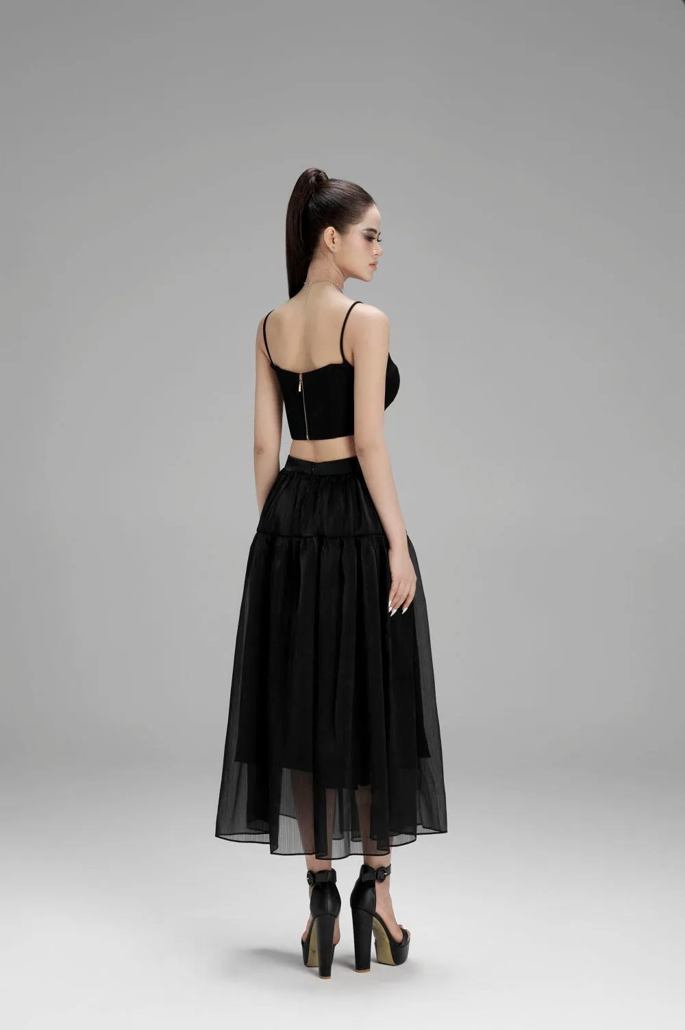 Hannah Gathered High Waist Mesh Midi Skirt