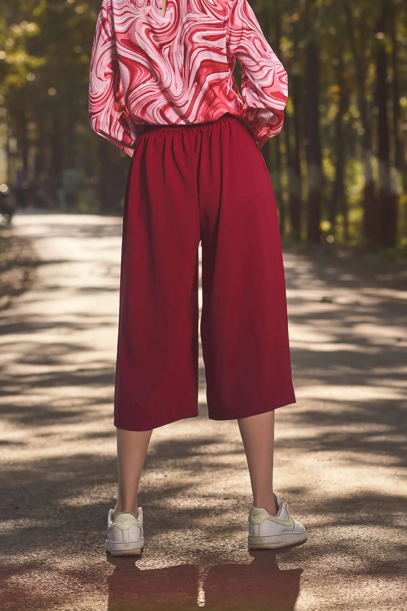 Maroon Semi Elasticed Waist Flared Culotte