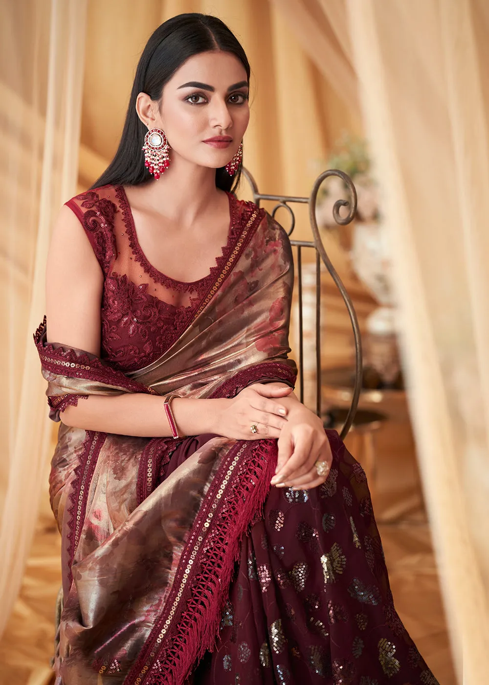 Maroon Shimmer Georgette Silk Festive Party Saree