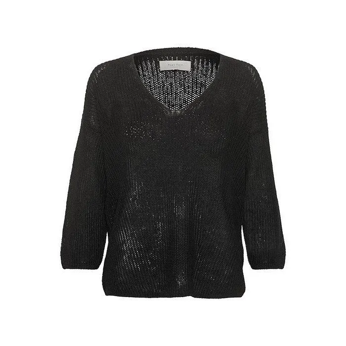 Part Two - EtronaPW Long Sleeve V Neck Linen Jumper in Black