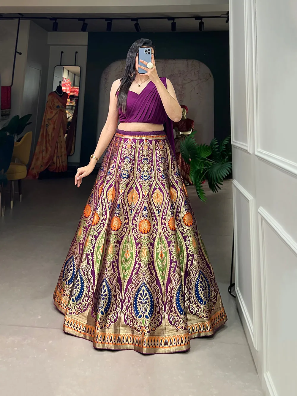 Purple Color Zari Weaving Work Banarasi Silk Lehenga Choli