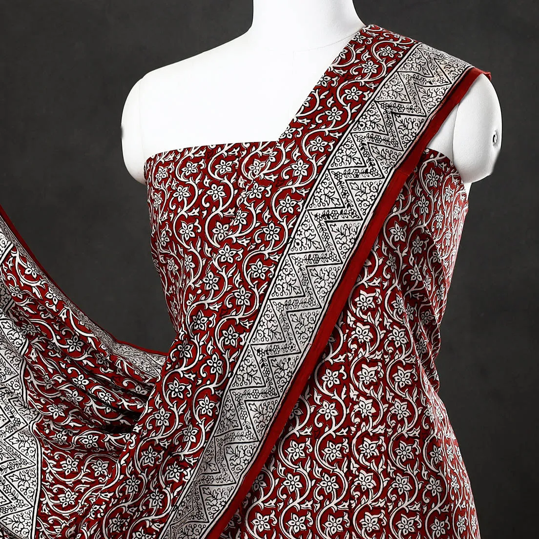 Red - 3pc Bagh Block Printed  Natural Dyed Cotton Suit Material Set 24