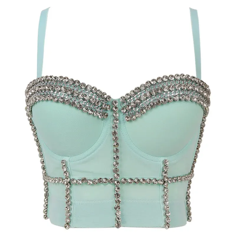 Sleevless 2024 Chain Tee Corset Metal Nightclub Crop Camis Bustiers Elastic Rhinestone Sparkly Vest Party Top