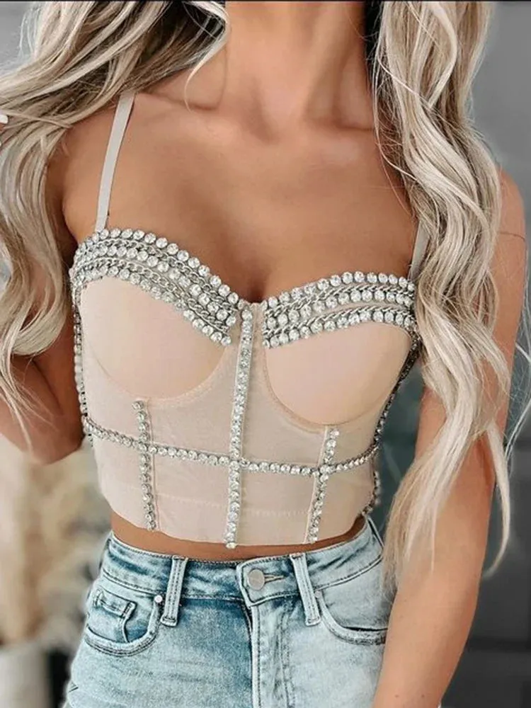 Sleevless 2024 Chain Tee Corset Metal Nightclub Crop Camis Bustiers Elastic Rhinestone Sparkly Vest Party Top
