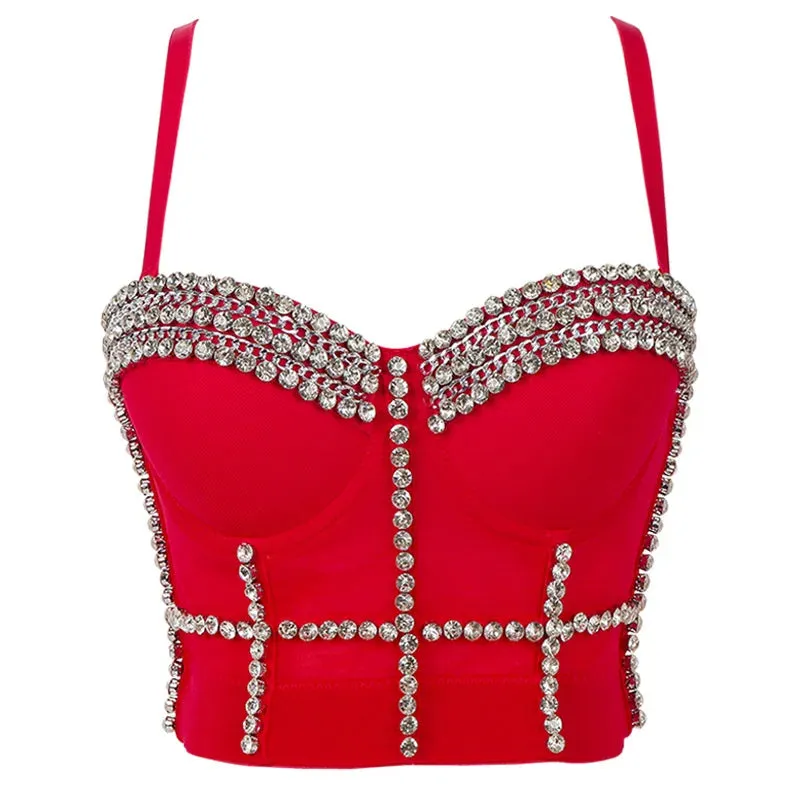 Sleevless 2024 Chain Tee Corset Metal Nightclub Crop Camis Bustiers Elastic Rhinestone Sparkly Vest Party Top