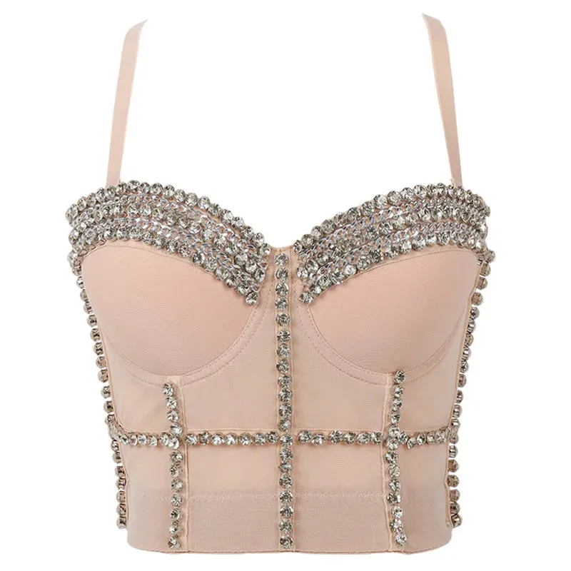 Sleevless 2024 Chain Tee Corset Metal Nightclub Crop Camis Bustiers Elastic Rhinestone Sparkly Vest Party Top