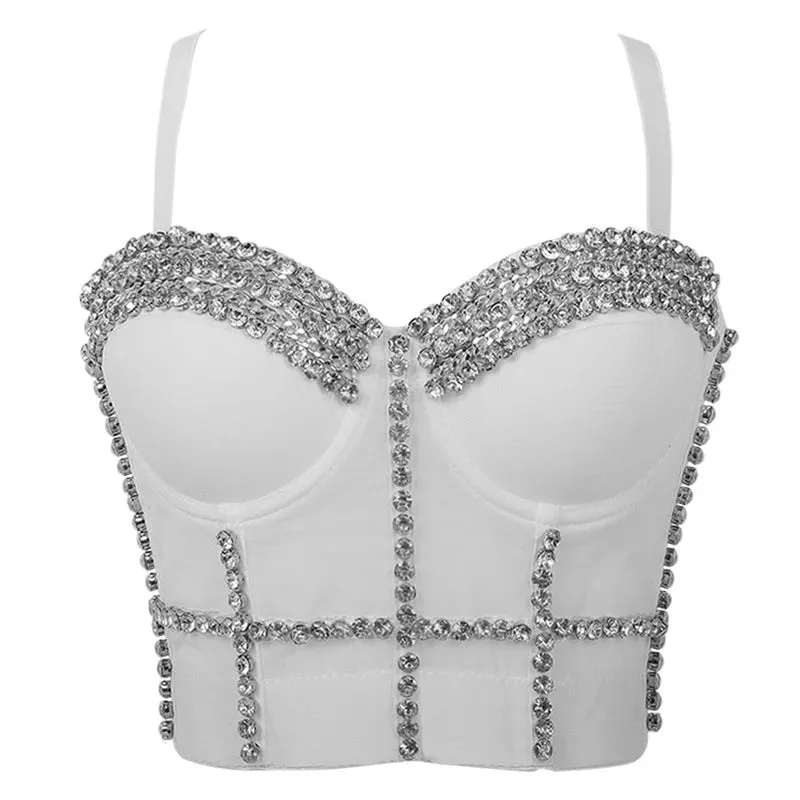 Sleevless 2024 Chain Tee Corset Metal Nightclub Crop Camis Bustiers Elastic Rhinestone Sparkly Vest Party Top
