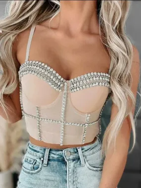 Sleevless 2024 Chain Tee Corset Metal Nightclub Crop Camis Bustiers Elastic Rhinestone Sparkly Vest Party Top