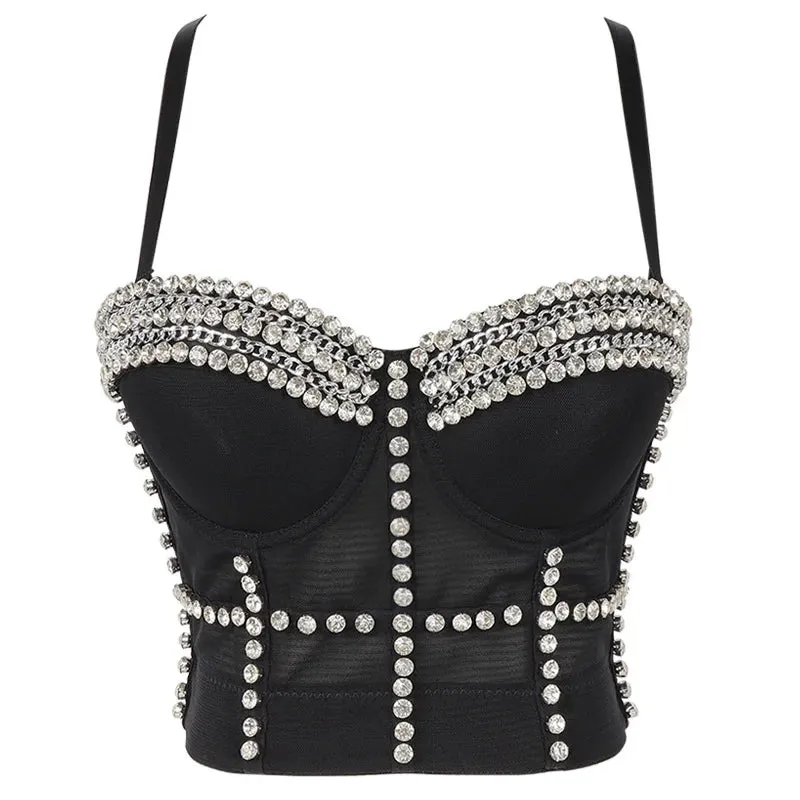 Sleevless 2024 Chain Tee Corset Metal Nightclub Crop Camis Bustiers Elastic Rhinestone Sparkly Vest Party Top