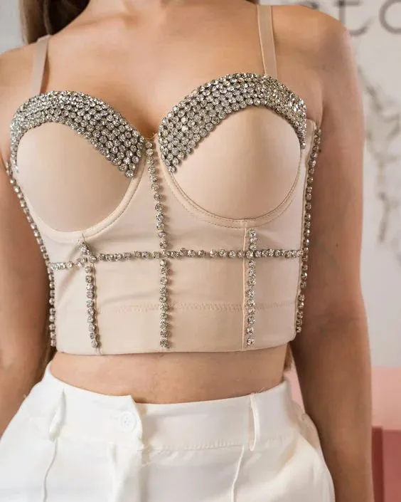 Sleevless 2024 Chain Tee Corset Metal Nightclub Crop Camis Bustiers Elastic Rhinestone Sparkly Vest Party Top