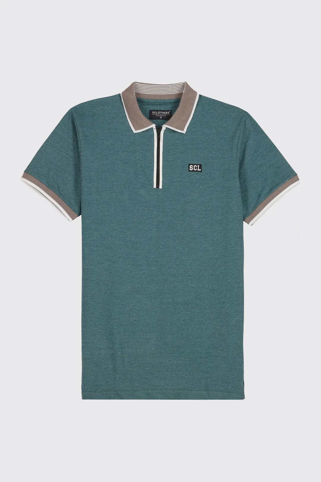 Teal Melange Contrast Zipper Embroidered Polo Shirt (Plus Size) - A23 - MP0211P
