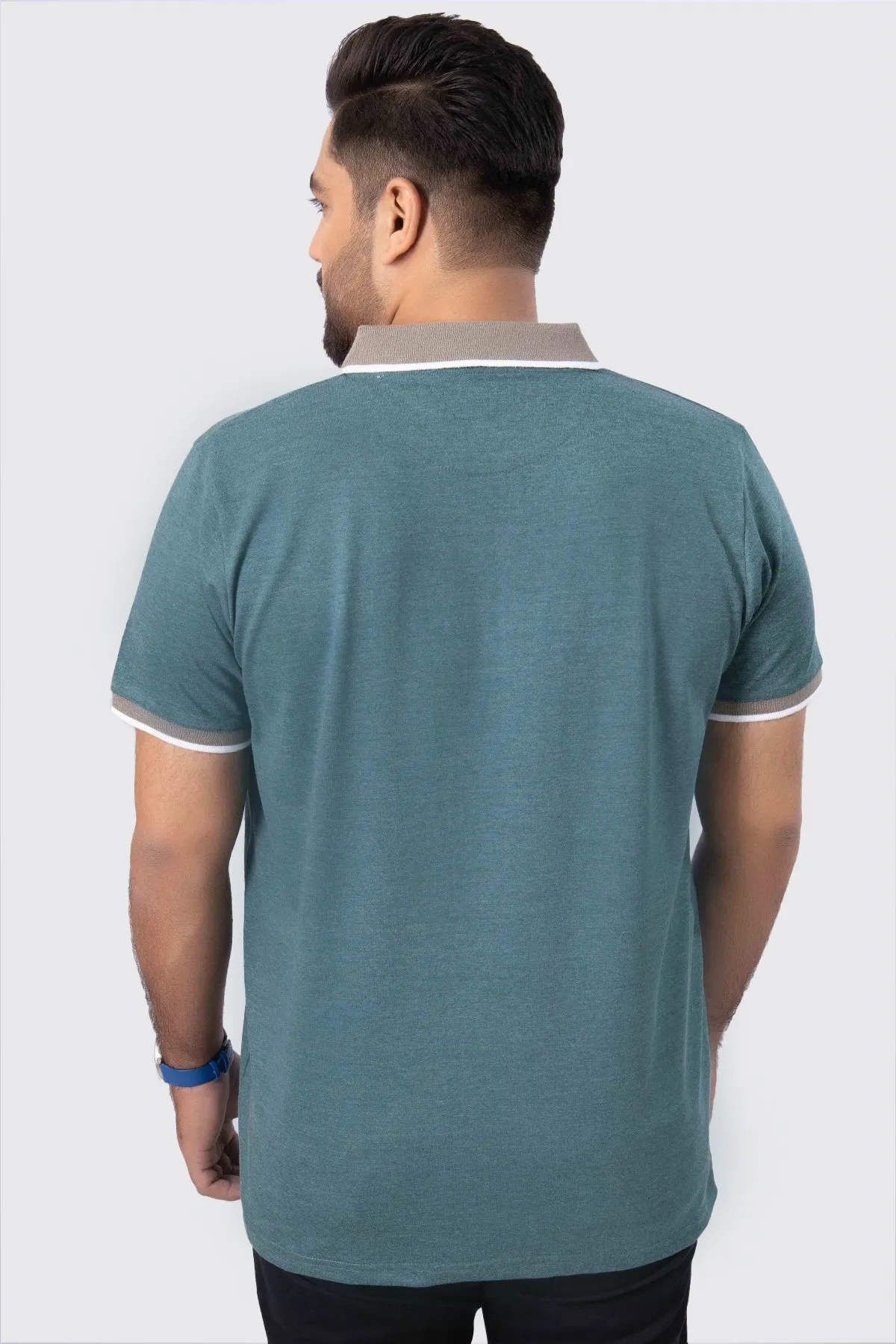 Teal Melange Contrast Zipper Embroidered Polo Shirt (Plus Size) - A23 - MP0211P