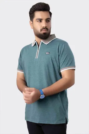 Teal Melange Contrast Zipper Embroidered Polo Shirt (Plus Size) - A23 - MP0211P