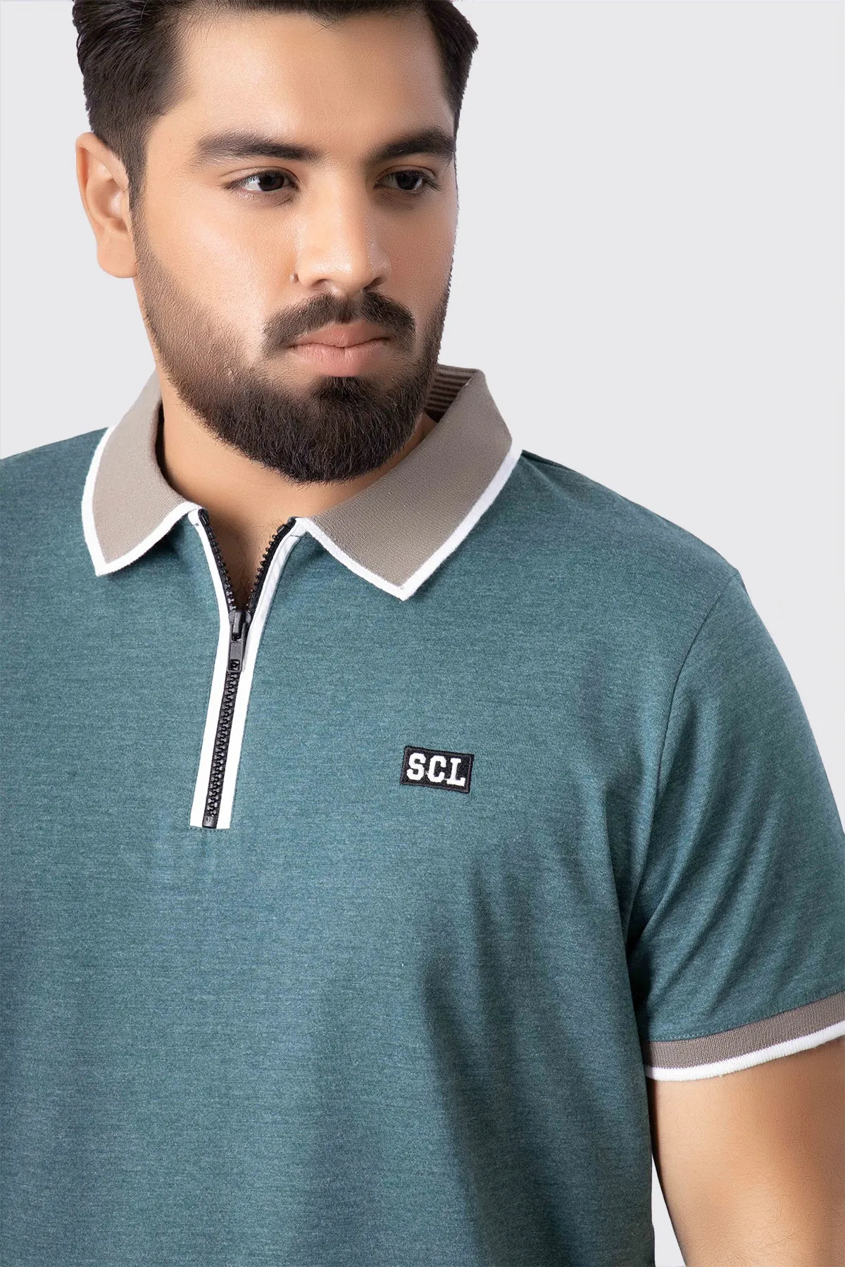 Teal Melange Contrast Zipper Embroidered Polo Shirt (Plus Size) - A23 - MP0211P