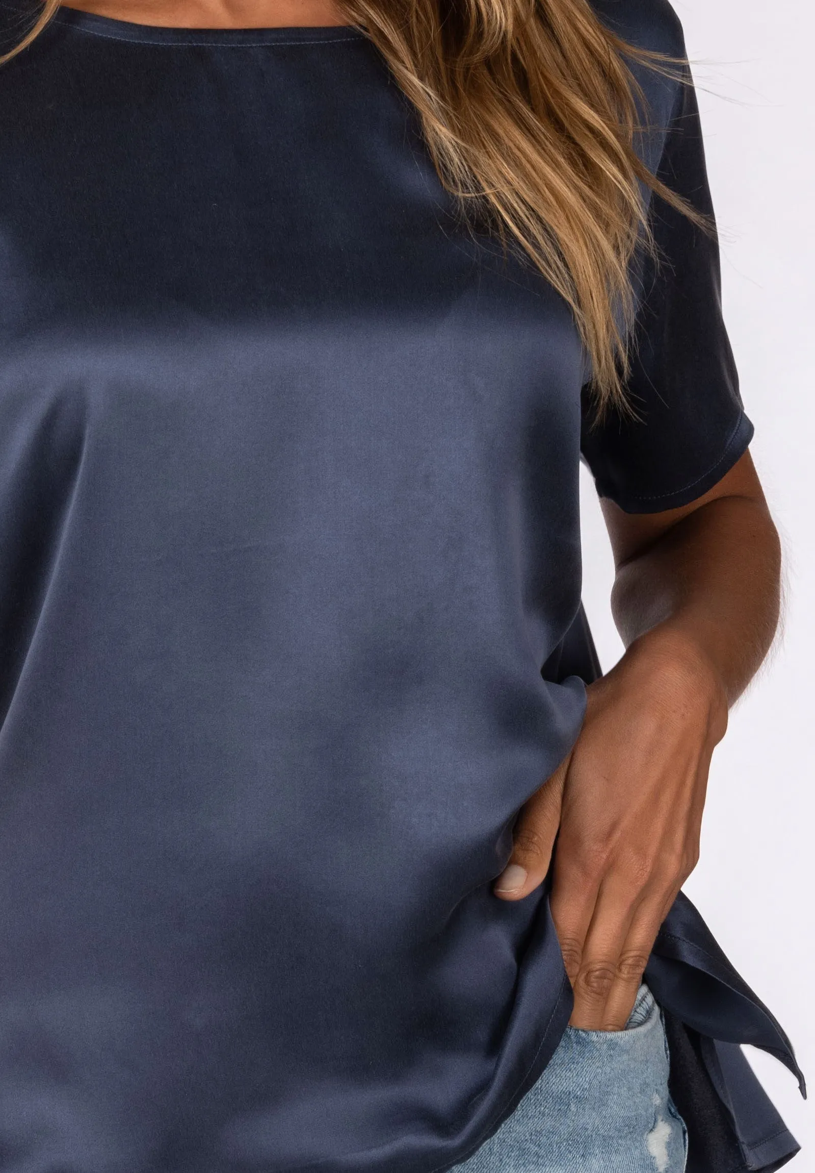 Teena-Satin Avio Blue 100% Silk T-Shirt